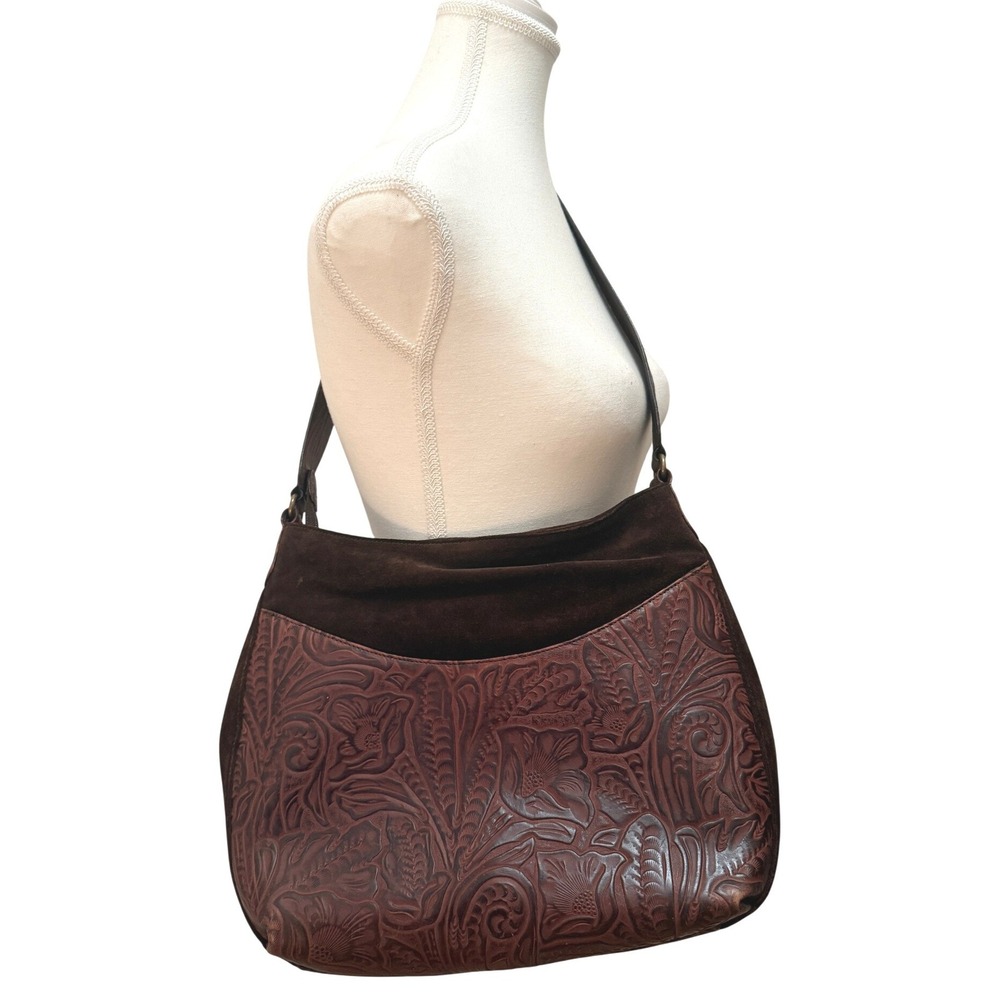 Maxx New York Shoulder Bag Womens Large Brown Tooled Leather Suede Floral Hobo